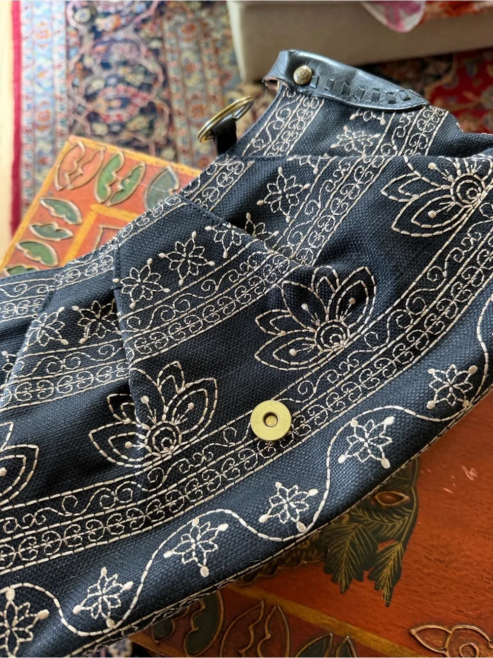 Kate Landry Black lotus flower Shoulder Bag with Gold Bamboo Accent